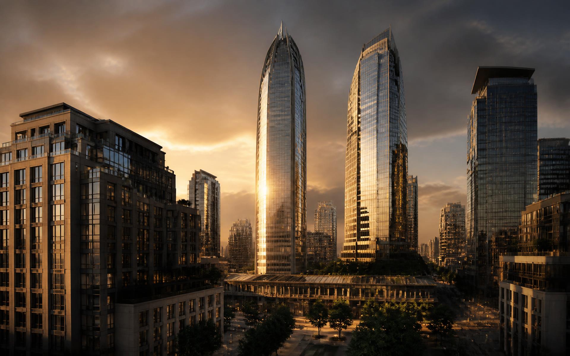 Skyline urban contemporan cu arhitectură premium la golden hour